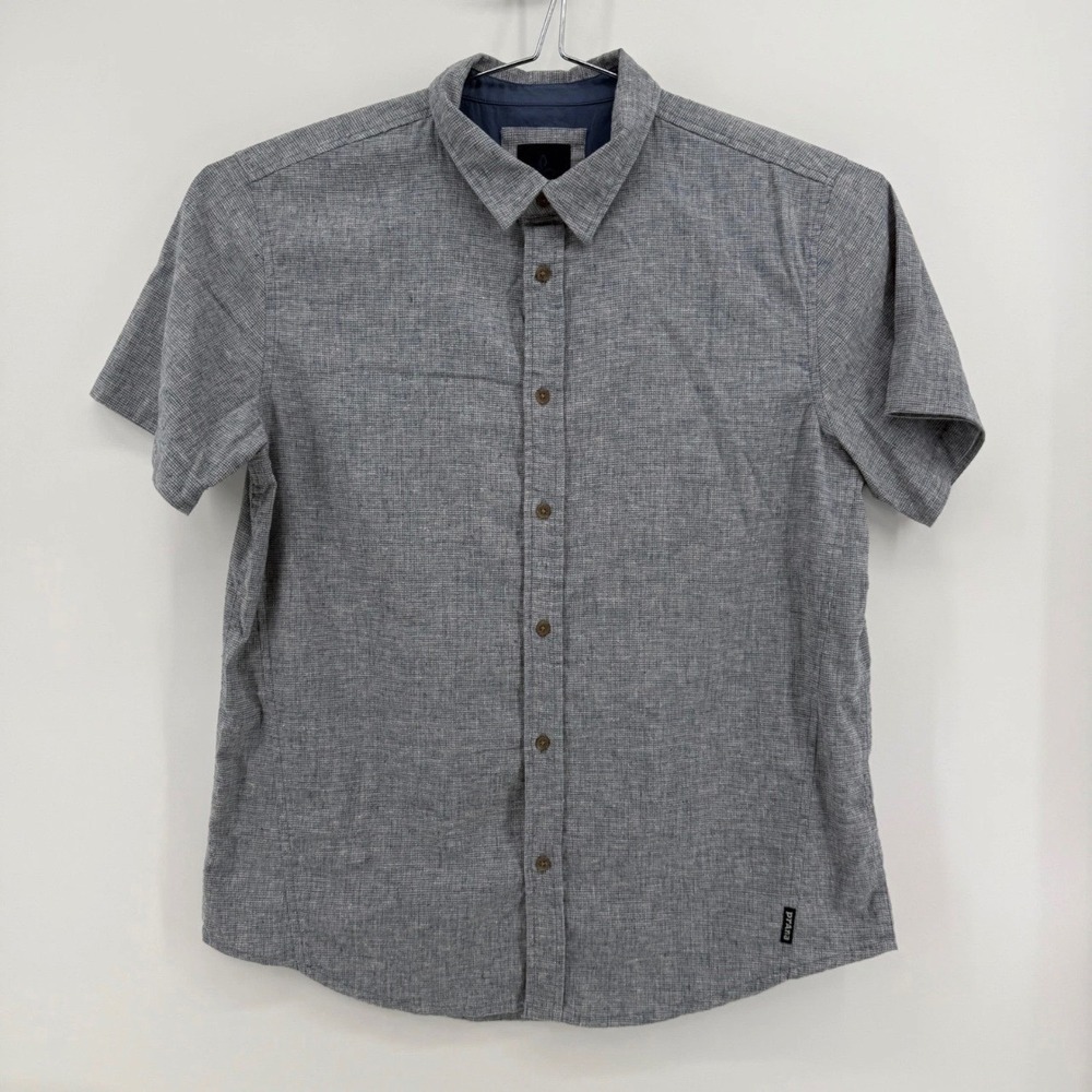 Prana Button Down Shirt Mens L Short Sleeve Hemp Blend Blue Crosshatch Pattern